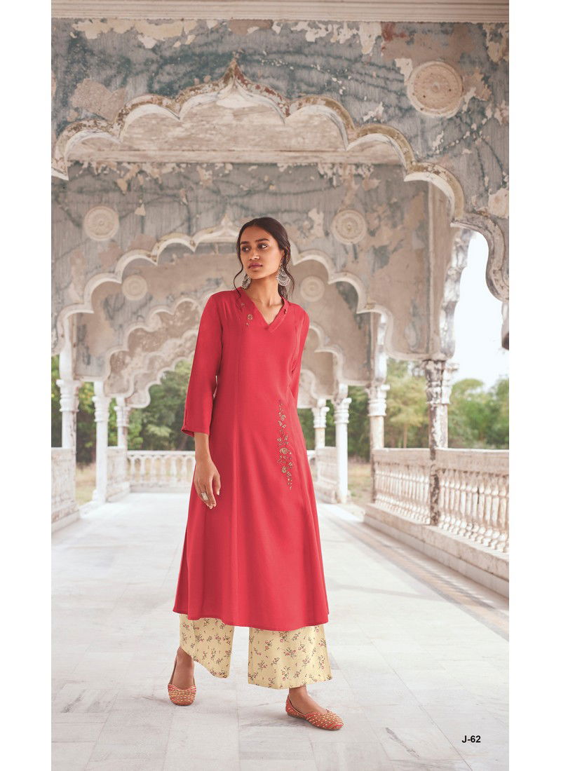 Red Colour Jansi Modal Khadi Long Dress With Embroidery Kurti With Bottom J-62